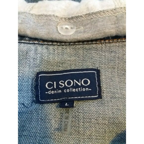 Juniors Ci Sono Hooded Jean Jacket Size Lg Blue Distressed Removable Hood - Picture 5 of 9